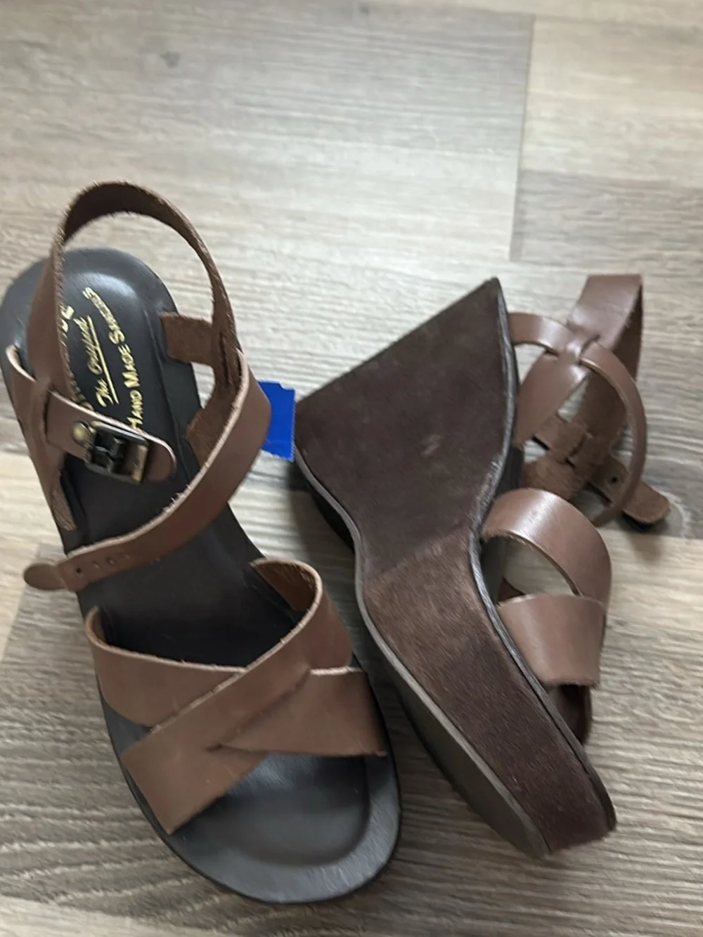 Kork-Ease Brown Leather Wedge Sandals with Ankle Strap
